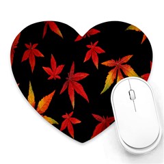 Colorful Autumn Leaves On Black Background Heart Mousepads