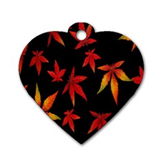 Colorful Autumn Leaves On Black Background Dog Tag Heart (Two Sides)