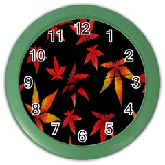 Colorful Autumn Leaves On Black Background Color Wall Clocks