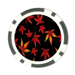 Colorful Autumn Leaves On Black Background Poker Chip Card Guard