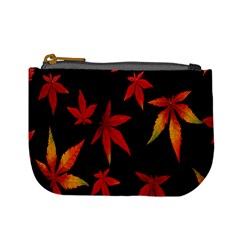 Colorful Autumn Leaves On Black Background Mini Coin Purses