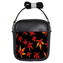 Colorful Autumn Leaves On Black Background Girls Sling Bags