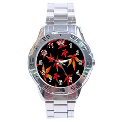 Colorful Autumn Leaves On Black Background Stainless Steel Analogue Watch