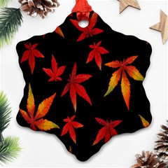 Colorful Autumn Leaves On Black Background Snowflake Ornament (Two Sides)