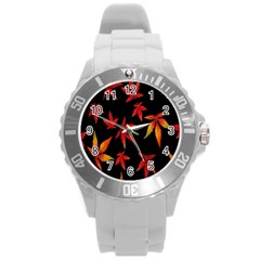 Colorful Autumn Leaves On Black Background Round Plastic Sport Watch (L)