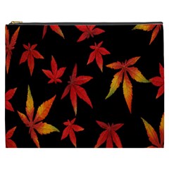 Colorful Autumn Leaves On Black Background Cosmetic Bag (XXXL) 