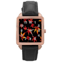 Colorful Autumn Leaves On Black Background Rose Gold Leather Watch  by Amaryn4rt