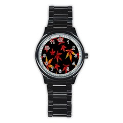 Colorful Autumn Leaves On Black Background Stainless Steel Round Watch