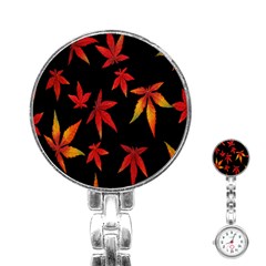 Colorful Autumn Leaves On Black Background Stainless Steel Nurses Watch