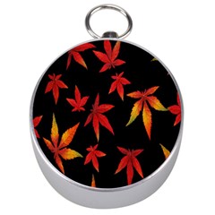 Colorful Autumn Leaves On Black Background Silver Compasses