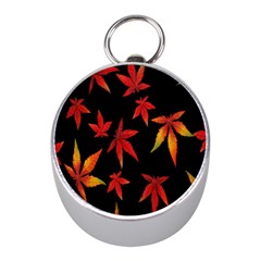 Colorful Autumn Leaves On Black Background Mini Silver Compasses