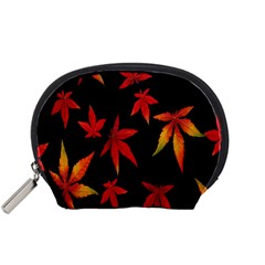 Colorful Autumn Leaves On Black Background Accessory Pouches (Small) 