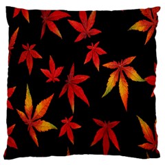 Colorful Autumn Leaves On Black Background Large Flano Cushion Case (One Side)