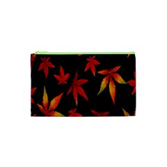 Colorful Autumn Leaves On Black Background Cosmetic Bag (XS)