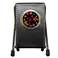 Colorful Autumn Leaves On Black Background Pen Holder Desk Clocks by Amaryn4rt