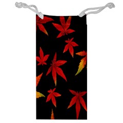 Colorful Autumn Leaves On Black Background Jewelry Bag by Amaryn4rt