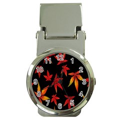 Colorful Autumn Leaves On Black Background Money Clip Watches by Amaryn4rt