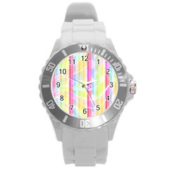 Colorful Abstract Stripes Circles And Waves Wallpaper Background Round Plastic Sport Watch (l) by Amaryn4rt