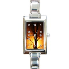 Rays Of Light Tree In Fog At Night Rectangle Italian Charm Watch by Amaryn4rt