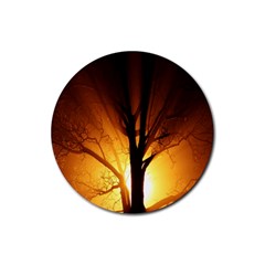 Rays Of Light Tree In Fog At Night Rubber Round Coaster (4 Pack)  by Amaryn4rt