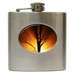 Rays Of Light Tree In Fog At Night Hip Flask (6 Oz) by Amaryn4rt