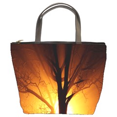 Rays Of Light Tree In Fog At Night Bucket Bags by Amaryn4rt