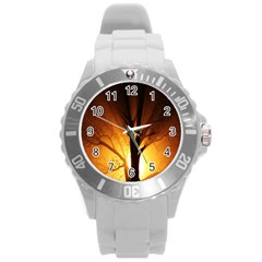 Rays Of Light Tree In Fog At Night Round Plastic Sport Watch (l)