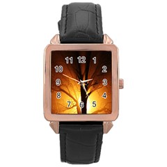 Rays Of Light Tree In Fog At Night Rose Gold Leather Watch  by Amaryn4rt