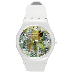 Old Newspaper And Gold Acryl Painting Collage Round Plastic Sport Watch (m) by EDDArt