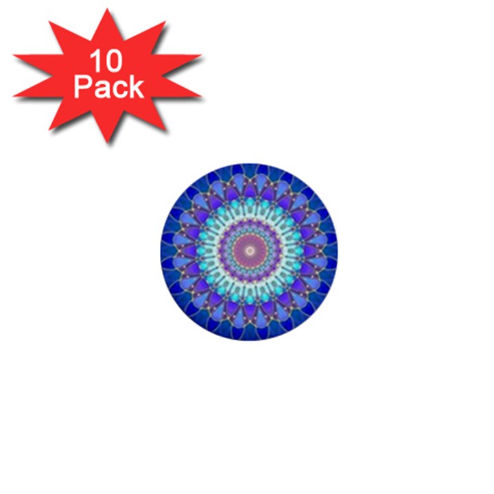 Power Flower Mandala   Blue Cyan Violet 1  Mini Buttons (10 pack) 