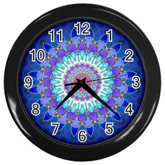 Power Flower Mandala   Blue Cyan Violet Wall Clocks (black) by EDDArt