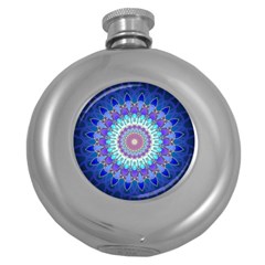 Power Flower Mandala   Blue Cyan Violet Round Hip Flask (5 Oz) by EDDArt