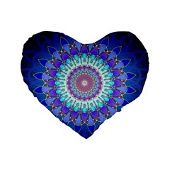 Power Flower Mandala   Blue Cyan Violet Standard 16  Premium Flano Heart Shape Cushions by EDDArt