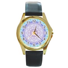 India Mehndi Style Mandala   Cyan Lilac Round Gold Metal Watch by EDDArt