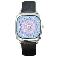 India Mehndi Style Mandala   Cyan Lilac Square Metal Watch by EDDArt