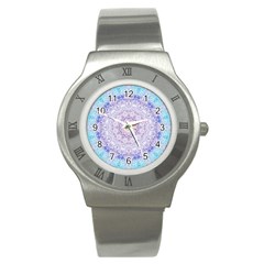 India Mehndi Style Mandala   Cyan Lilac Stainless Steel Watch by EDDArt