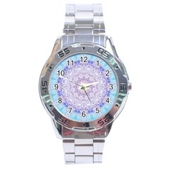 India Mehndi Style Mandala   Cyan Lilac Stainless Steel Analogue Watch by EDDArt