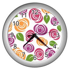 Colorful Seamless Floral Flowers Pattern Wallpaper Background Wall Clocks (silver)  by Amaryn4rt