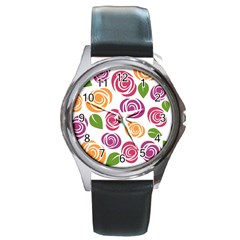 Colorful Seamless Floral Flowers Pattern Wallpaper Background Round Metal Watch by Amaryn4rt