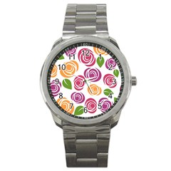 Colorful Seamless Floral Flowers Pattern Wallpaper Background Sport Metal Watch by Amaryn4rt