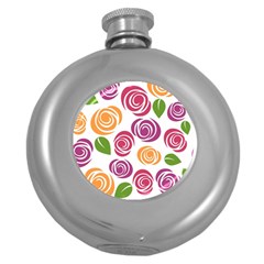 Colorful Seamless Floral Flowers Pattern Wallpaper Background Round Hip Flask (5 Oz) by Amaryn4rt