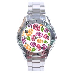 Colorful Seamless Floral Flowers Pattern Wallpaper Background Stainless Steel Analogue Watch by Amaryn4rt