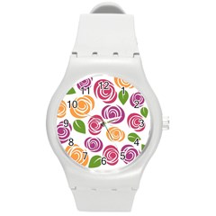 Colorful Seamless Floral Flowers Pattern Wallpaper Background Round Plastic Sport Watch (m) by Amaryn4rt