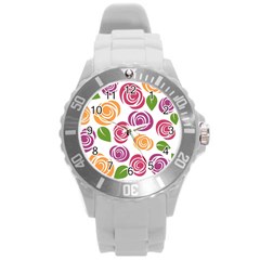 Colorful Seamless Floral Flowers Pattern Wallpaper Background Round Plastic Sport Watch (l) by Amaryn4rt