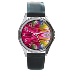 Abstract Pink Colorful Water Background Round Metal Watch by Amaryn4rt