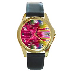 Abstract Pink Colorful Water Background Round Gold Metal Watch by Amaryn4rt