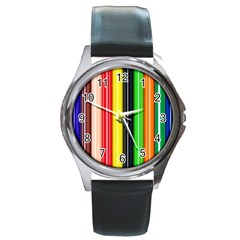 Colorful Striped Background Wallpaper Pattern Round Metal Watch by Amaryn4rt