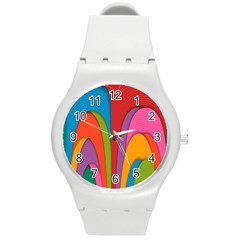 Modern Abstract Colorful Stripes Wallpaper Background Round Plastic Sport Watch (m) by Amaryn4rt