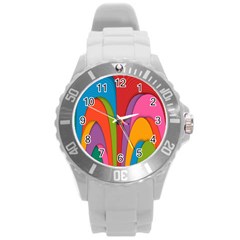 Modern Abstract Colorful Stripes Wallpaper Background Round Plastic Sport Watch (l) by Amaryn4rt