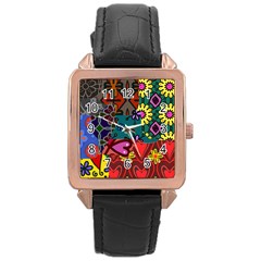 Digitally Created Abstract Patchwork Collage Pattern Rose Gold Leather Watch 